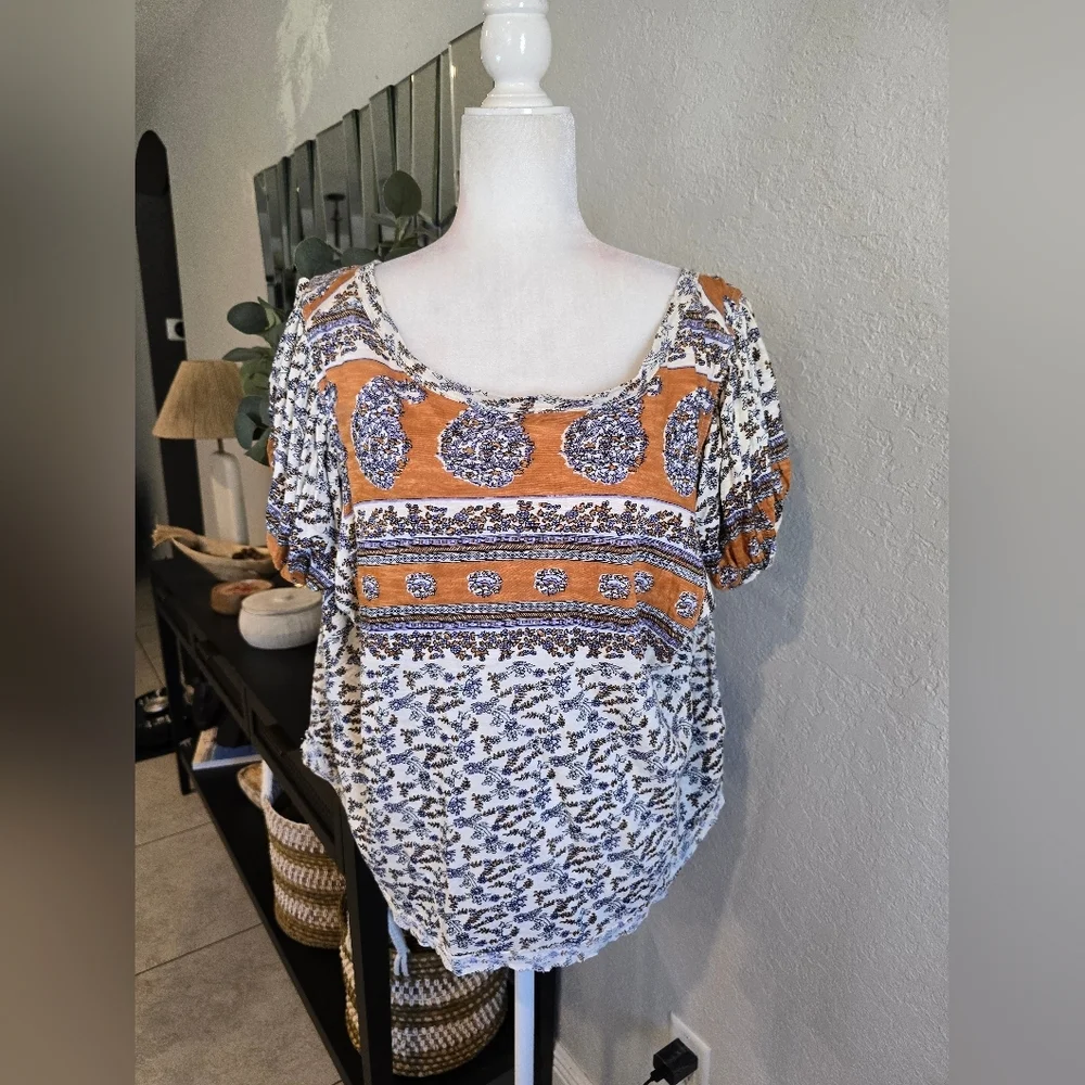 Free People Women’s Paisley Boho Puff Sleeve Open Scoop Back Top S